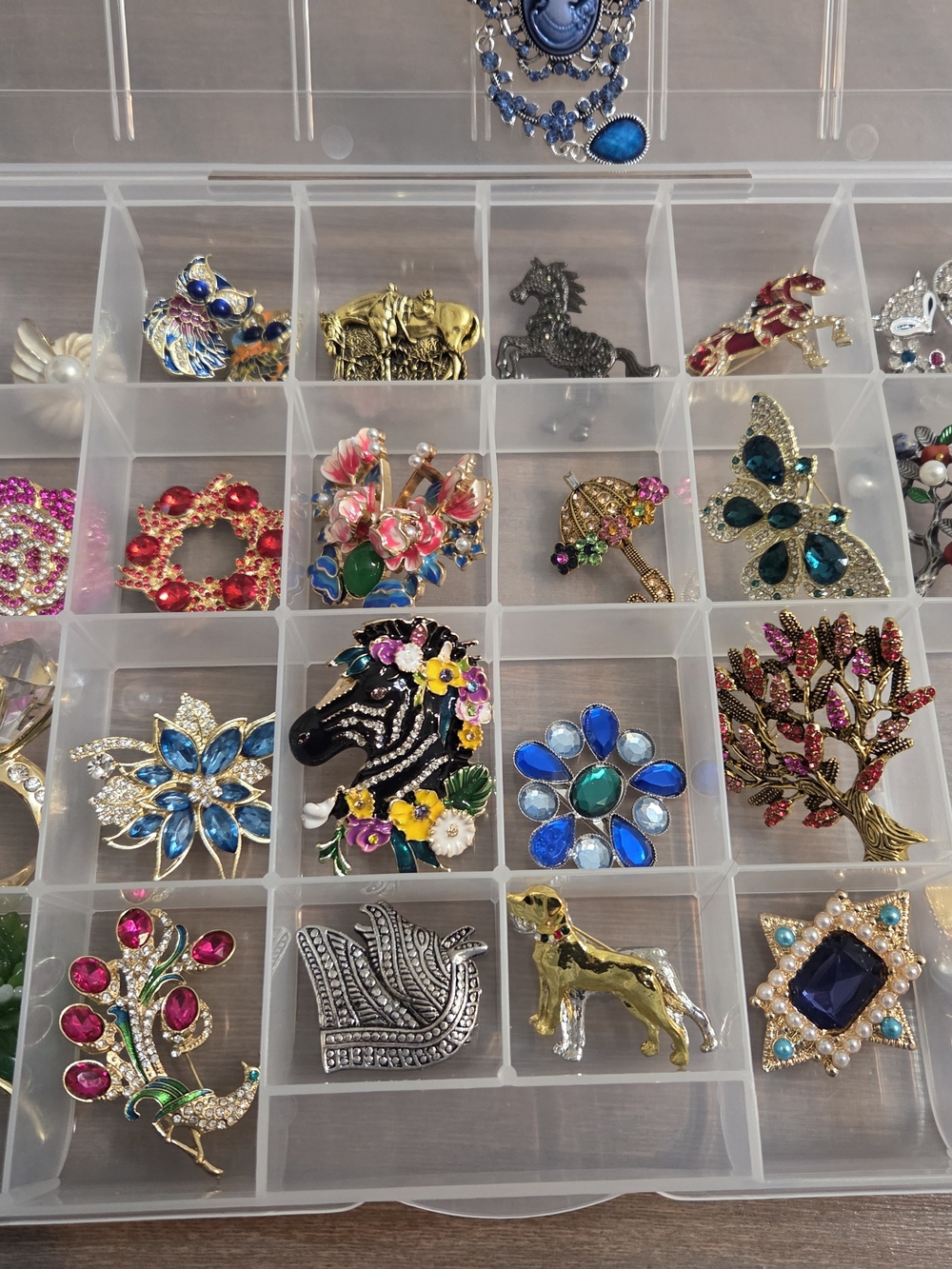 35 Assorted Floral and Gemstone Enamel Brooch — Black, Blue, Green Accents